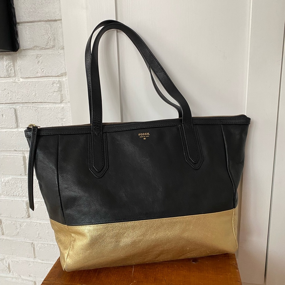 Fossil Sydney Shopper Tote Leather Black and Gold